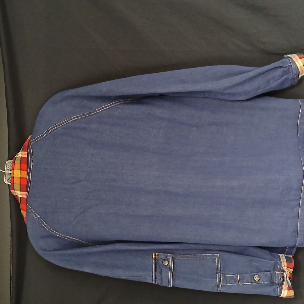 Womans Blue Denim Chore Jacket with Plaid Accents Sz Large - Picture 6 of 7